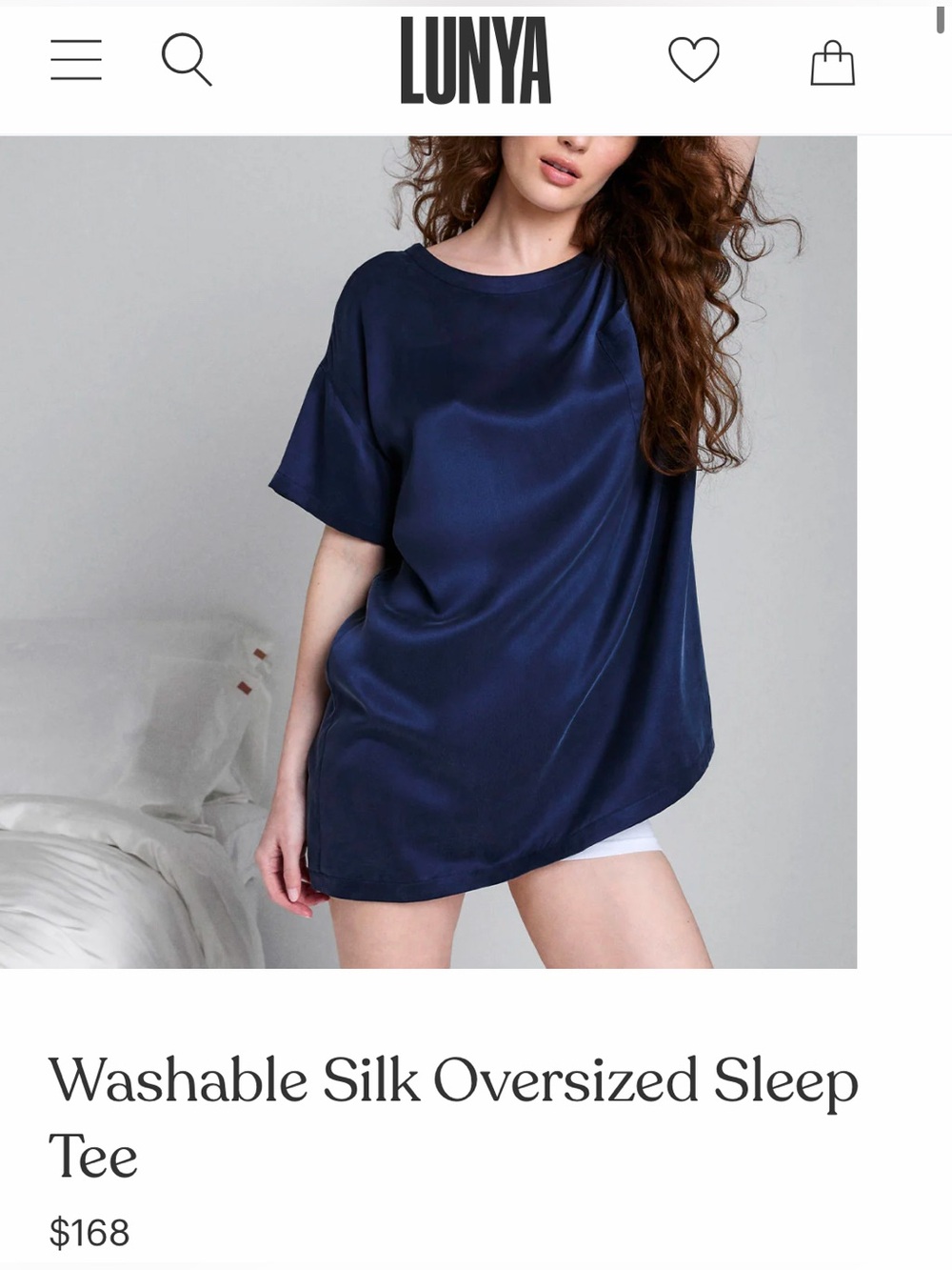 NEW Lunya Washable Silk Oversized Sleep Tee with Front Pocket deep blue